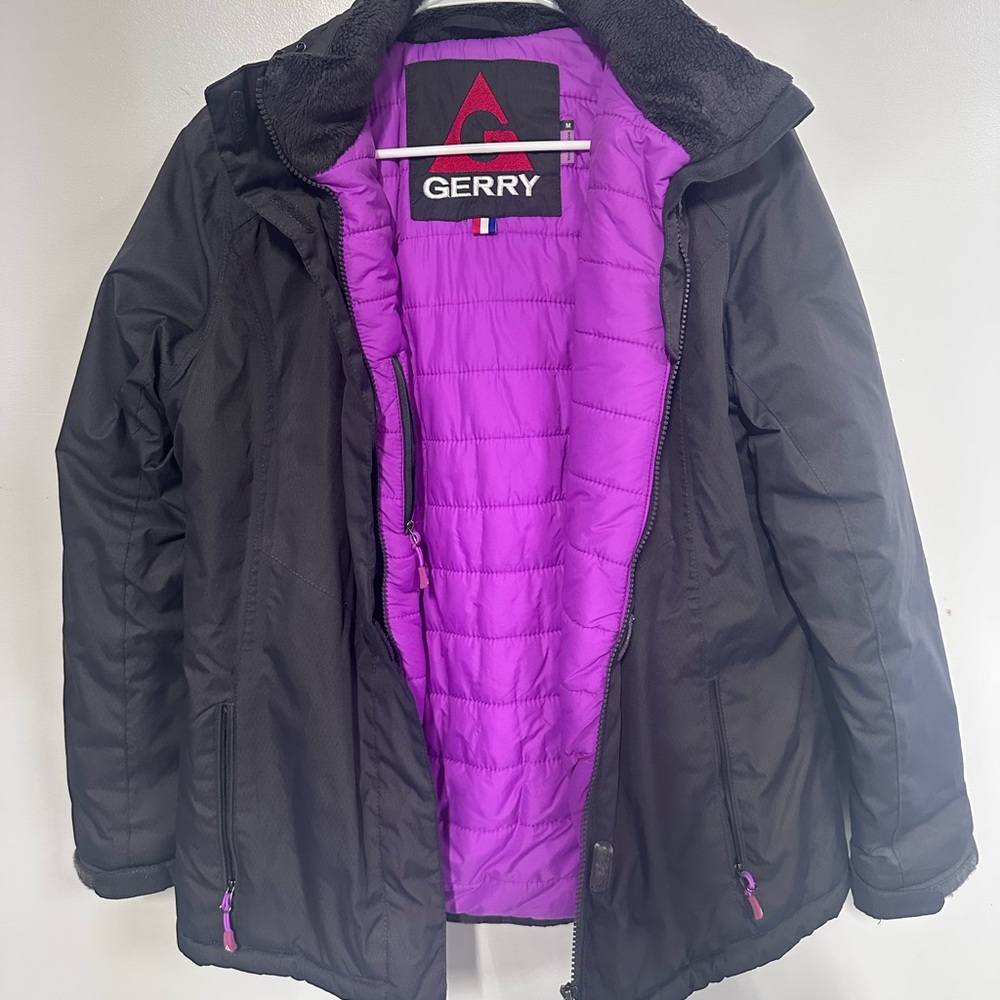 Women’s Gerry Coat Gray with Purple Lining Hooded Full Zip Medium